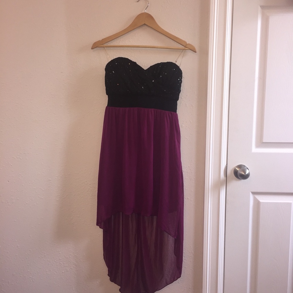 black and purple sparkly homecoming formal dress